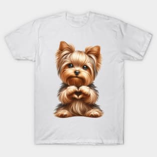 Valentine Yorkshire Terrier Dog Giving Heart Hand Sign T-Shirt